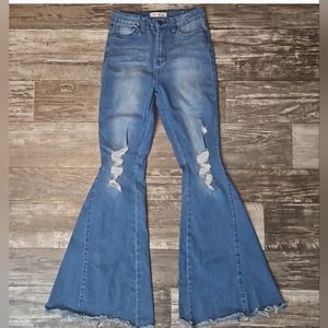 YMI Gigi Denim High-Rise Distressed Bell Bottom Blue Jeans Juniors 26W